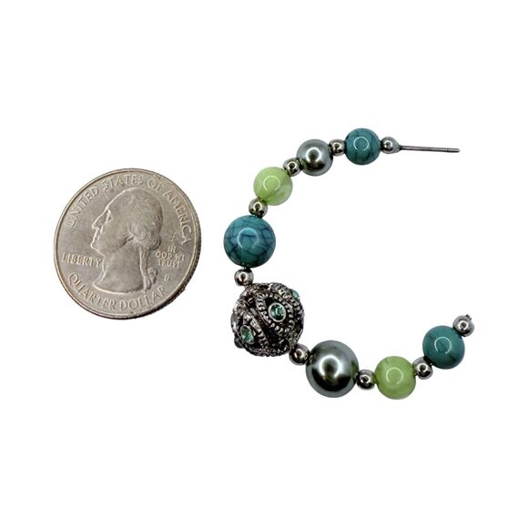 Blue Beaded Half Hoop Earrings 1.5" Silver Tone Bohemian Southwestern Native - Picture 10 of 12